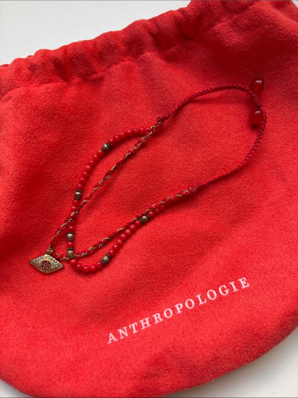 Anthropologie Red Beaded Evil Eye Pendant Necklace with Gold Accents